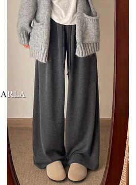 灰色糯米休闲裤女冬季加绒胖mm大码宽松垂感梨形身材显瘦直筒裤子