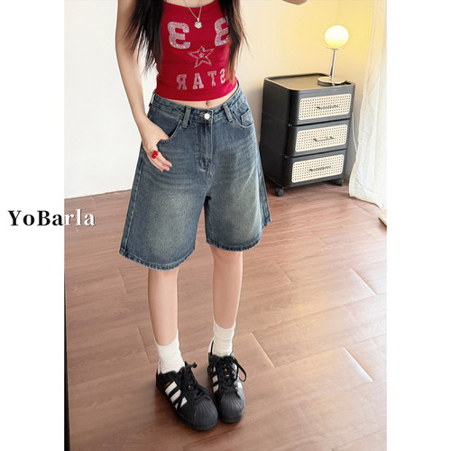 复古五分大码显瘦阔腿牛仔中裤女