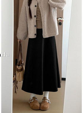 黑色A字毛呢半身裙女高腰春季新款胖mm大码遮肉显瘦中长款伞裙子