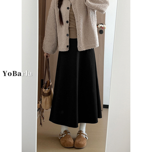 伞裙子 遮肉显瘦中长款 黑色A字毛呢半身裙女高腰秋冬新款 胖mm大码