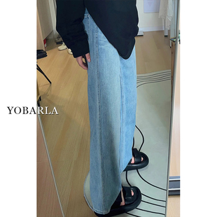 胖mm直筒裤 显瘦窄版 子 女秋冬加绒加厚宽松大码 蓝色高腰阔腿牛仔裤