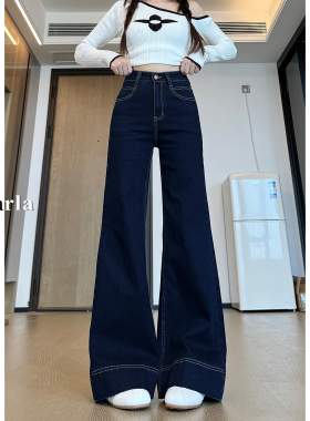 深蓝色微喇牛仔裤女春季新款梨形身材胖mm高腰宽松显瘦a版阔腿裤