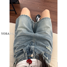破洞牛仔短裤女高腰夏新款大码胖mm宽松显瘦梨形身材阔腿五分中裤