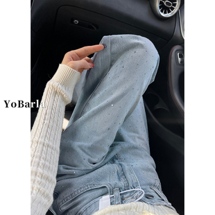 宽松显瘦阔腿裤 蓝色烫钻设计感直筒牛仔裤 胖mm大码 新款 女高腰春季