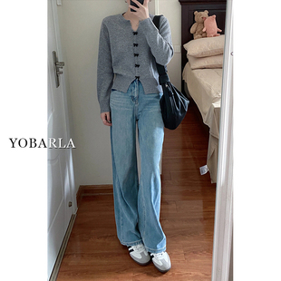 阔腿牛仔裤 胖mm宽松显瘦梨形身材直筒裤 女春季 大码 子 新款 蓝色窄版