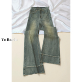 胖mm高腰弹力显瘦喇叭马蹄裤 复古做旧微喇牛仔裤 大码 新款 子 女春季