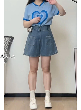 蓝色阔腿牛仔短裤女夏季高腰大码胖mm宽松显瘦梨型身材a字裤子