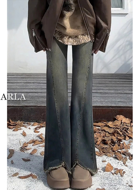 复古蓝灰色开叉毛边微喇牛仔裤女冬季加绒大码胖mm高腰显瘦喇叭裤