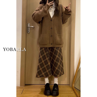a字裙 胖mm显瘦梨形身材中长款 棕色格子毛呢半身裙女春季 高腰大码