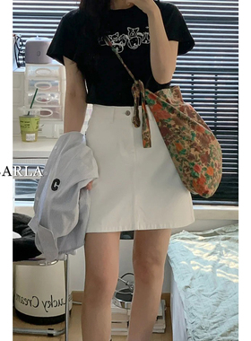 白色牛仔短裙女高腰夏季新款大码胖mm遮肚显瘦梨型身材a字半身裙