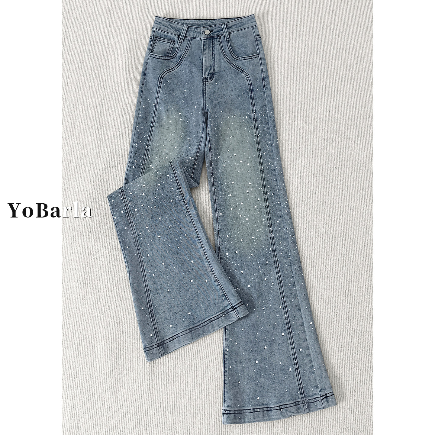 蓝色满天星烫钻微喇牛仔裤女春季新款胖mm大码弹力显瘦喇叭马蹄裤