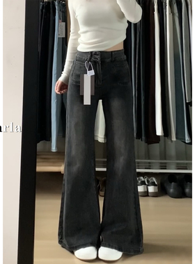黑灰色高腰微喇牛仔裤女大码春季新款胖mm梨型身材显瘦弹力喇叭裤