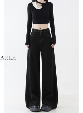 黑色阔腿牛仔裤女高腰春季新款大码胖mm宽松显瘦梨形身材直筒裤子