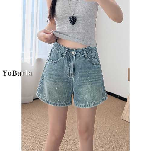 蓝色烫钻阔腿牛仔短裤女大码显瘦