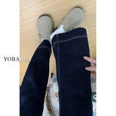 女春季 新款 胖mm大码 深蓝色阔腿牛仔裤 高腰显瘦宽松不贴腿微喇裤 子