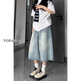 胖mm宽松显瘦梨型身材阔腿七分裤 高腰大码 女夏新款 浅色直筒牛仔裤