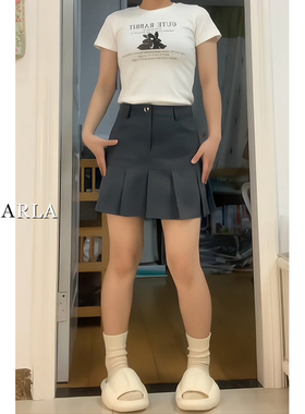 灰色西装百褶短裙女夏季高腰大码胖mm显瘦小个子遮肚子a字半身裙