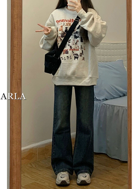 蓝灰色不贴腿微喇牛仔裤女冬季加绒胖mm大码宽松梨形身材显瘦裤子