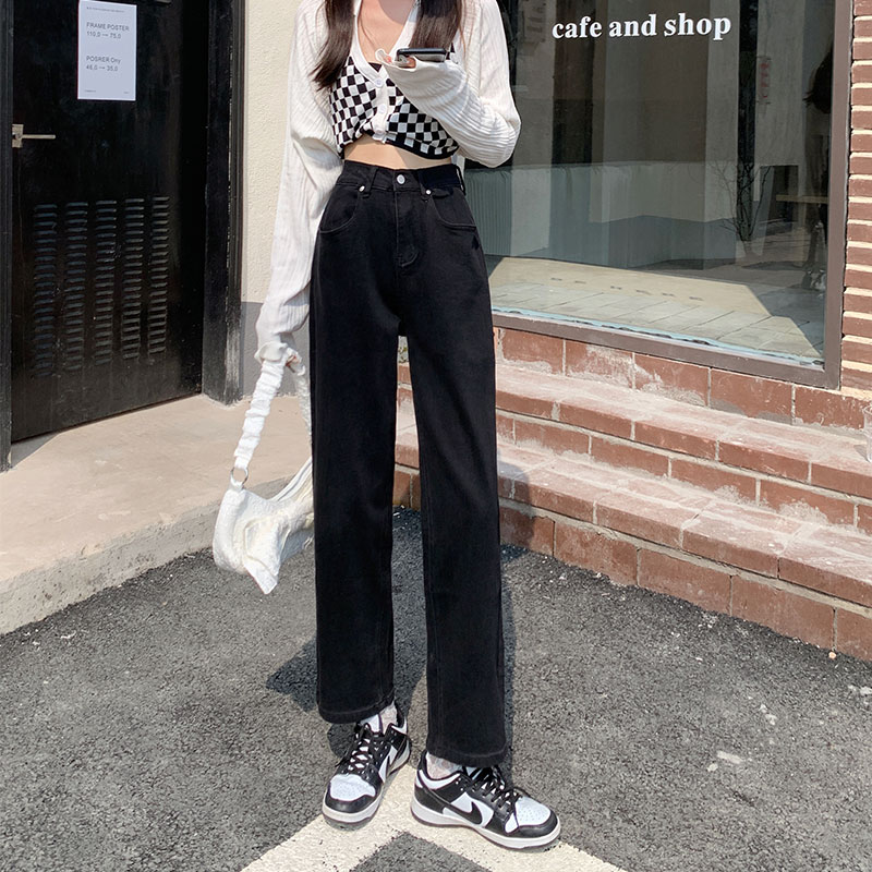 黑色弹力牛仔裤女春秋新款高腰直筒显瘦大码胖mm阔腿梨形身材裤子