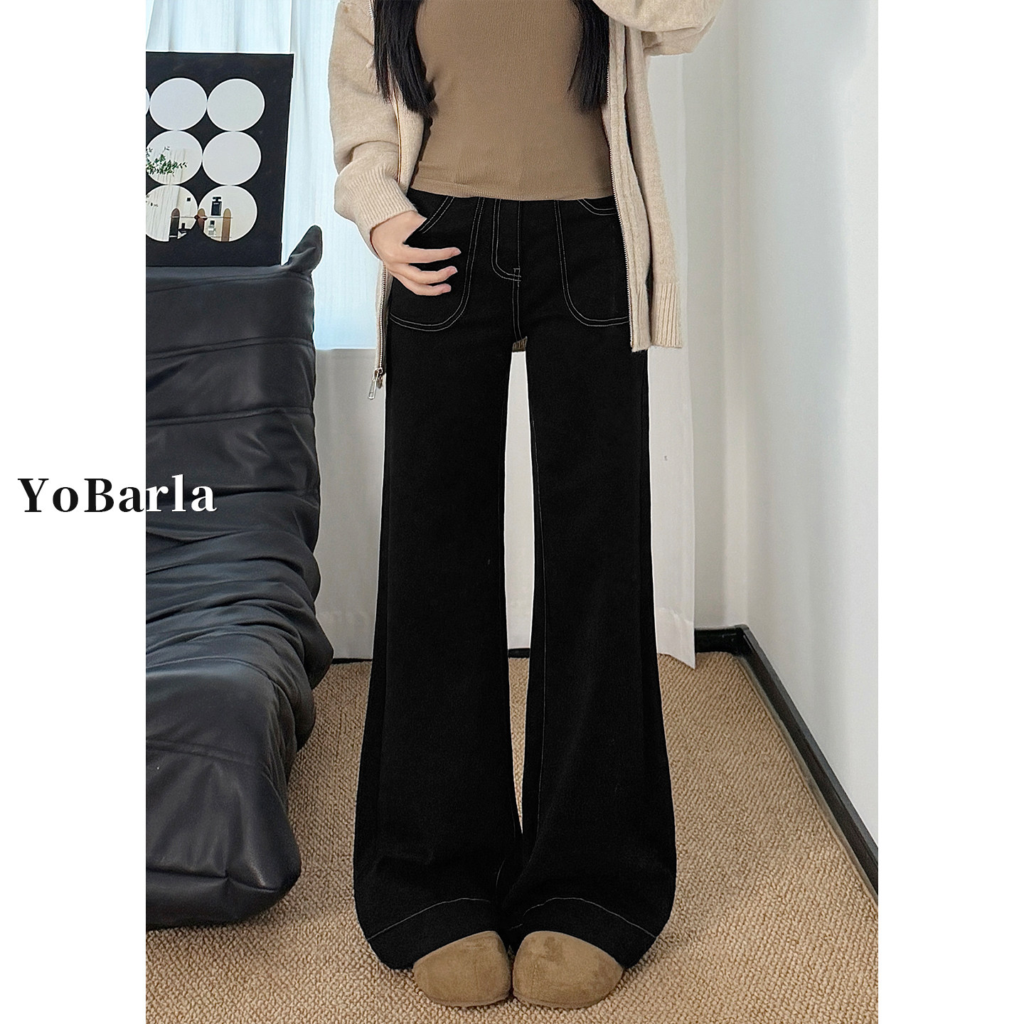 黑色不贴腿微喇牛仔裤女冬季加绒胖mm大码高腰显瘦弹力喇叭马蹄裤,女装/女士精品,牛仔裤,淘宝优惠券,粉丝福利购,淘宝优惠卷