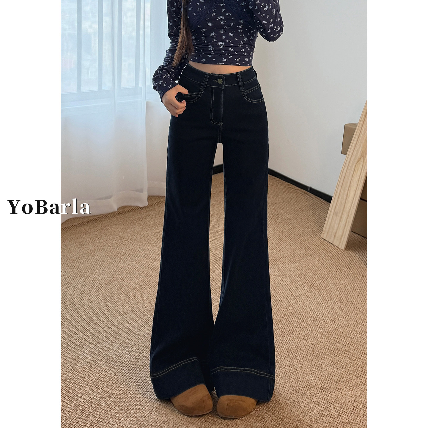 深蓝色高腰微喇牛仔裤女冬季加绒胖mm大码显瘦弹力不贴腿马蹄裤子,女装/女士精品,牛仔裤,淘宝优惠券,粉丝福利购,淘宝优惠卷