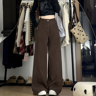 胖mm宽松垂感显瘦直筒裤 复古咖色阔腿牛仔裤 大码 新款 子 女高腰春季