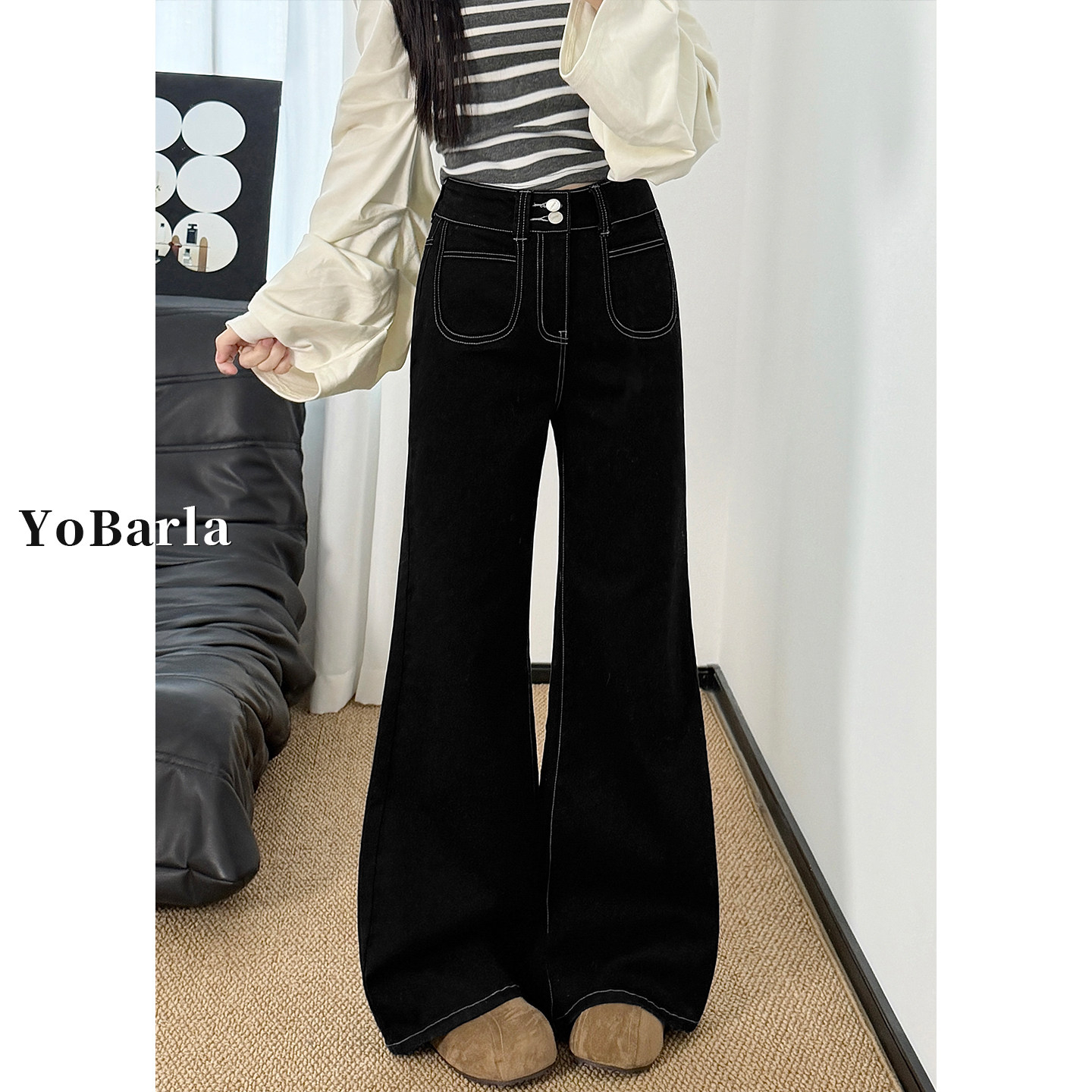 黑色不贴腿微喇牛仔裤女冬季加绒胖mm大码显瘦梨型身材弹力马蹄裤,女装/女士精品,牛仔裤,淘宝优惠券,粉丝福利购,淘宝优惠卷