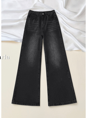 黑灰色阔腿牛仔裤女梨形身材春季新款胖mm大码宽松显瘦垂感直筒裤