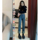 胖mm显瘦梨形身材九分裤 复古蓝高腰弹力直筒牛仔裤 大码 新款 女春季