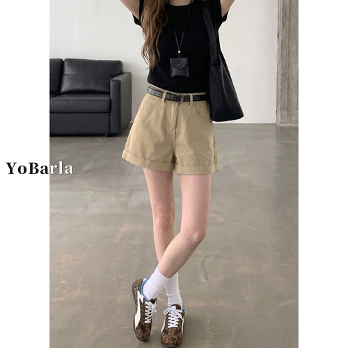 卡其色a字阔腿显瘦牛仔短裤女