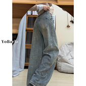 胖mm高腰宽松显瘦直筒牛仔裤 蓝色满天星烫钻阔腿裤 大码 新款 女春季