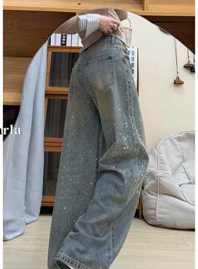 蓝色满天星烫钻阔腿裤女春季新款大码胖mm高腰宽松显瘦直筒牛仔裤