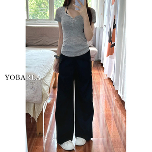 胖mm宽松显瘦梨型身材直筒阔腿裤 黑色高腰休闲西装 大码 女春季 子 裤