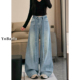 烫钻满天星牛仔裤 胖mm宽松高腰直筒显瘦阔腿裤 女春季 大码 新款 美式
