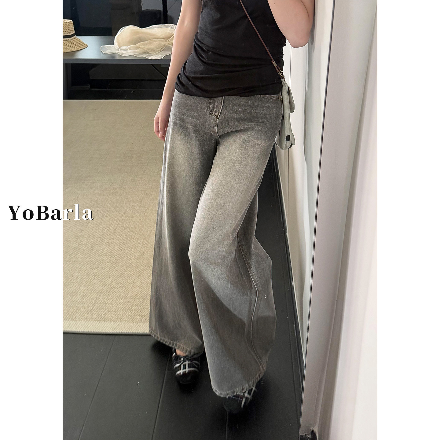 复古灰色阔腿牛仔裤女秋冬新款大码胖mm梨型身材宽松显瘦直筒裤子