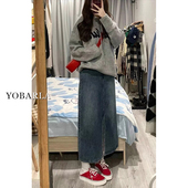 a字裙 胖mm显瘦梨形身材中长款 复古开叉牛仔半身裙女春季 高腰大码