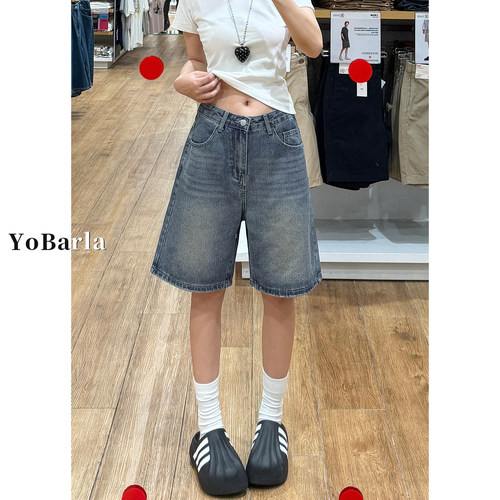 复古直筒牛仔五分裤女大码显瘦