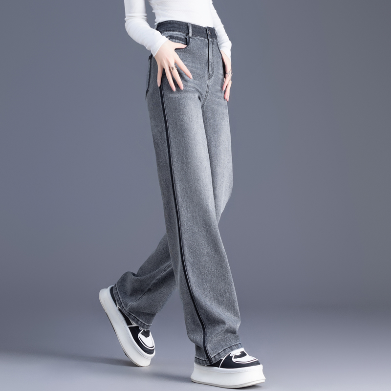 黑灰色裤子女士牛仔裤女2025年新款秋冬季加绒撞色直筒窄版阔腿裤