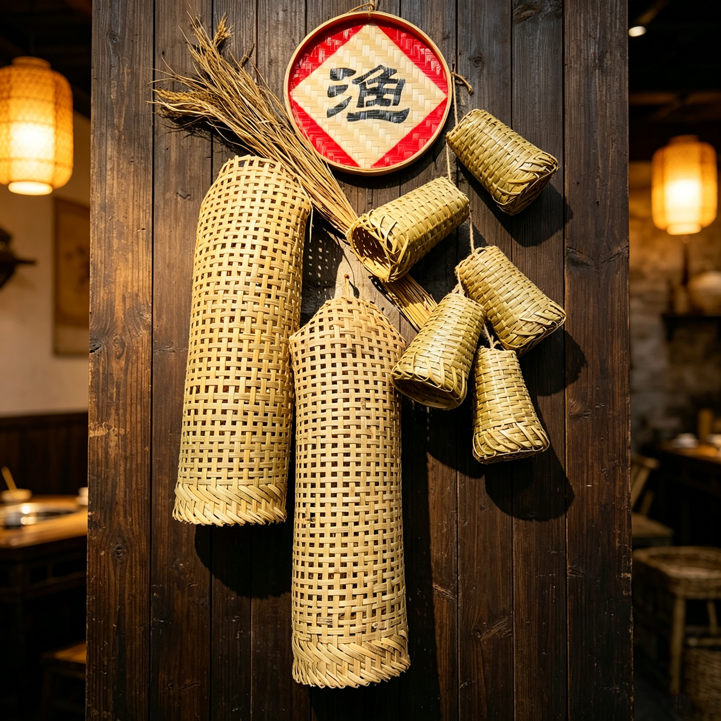 农家竹编渔家装饰鱼篓鱼笼稻草挂件农庄酒馆民宿场景餐饮怀旧壁饰
