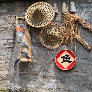 复古渔家文化墙饰竹编鱼笼鱼篓渔具仿真鱼墙面挂件农家乐火锅店