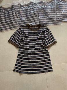 1175复古时髦撞色条纹圆领短袖T恤女宽松慵懒显瘦文艺内搭打底衫