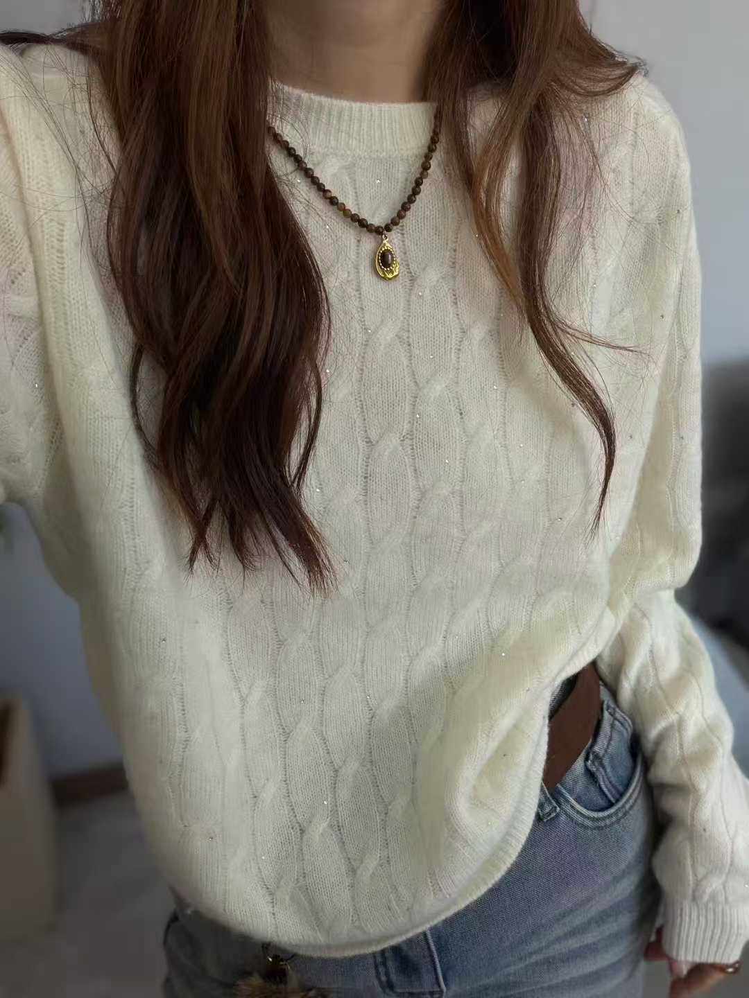 新品～韩系羊绒山羊绒混纺圆领麻花针织衫女秋冬百搭显瘦毛衣上衣