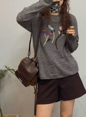 25626韩系秋季新品圆领立体钩花刺绣山羊绒套头毛衣宽松休闲百搭