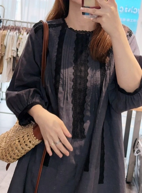 Q709欧货新品2026夏季新品圆领拼接蕾丝花边设计感小众连衣裙