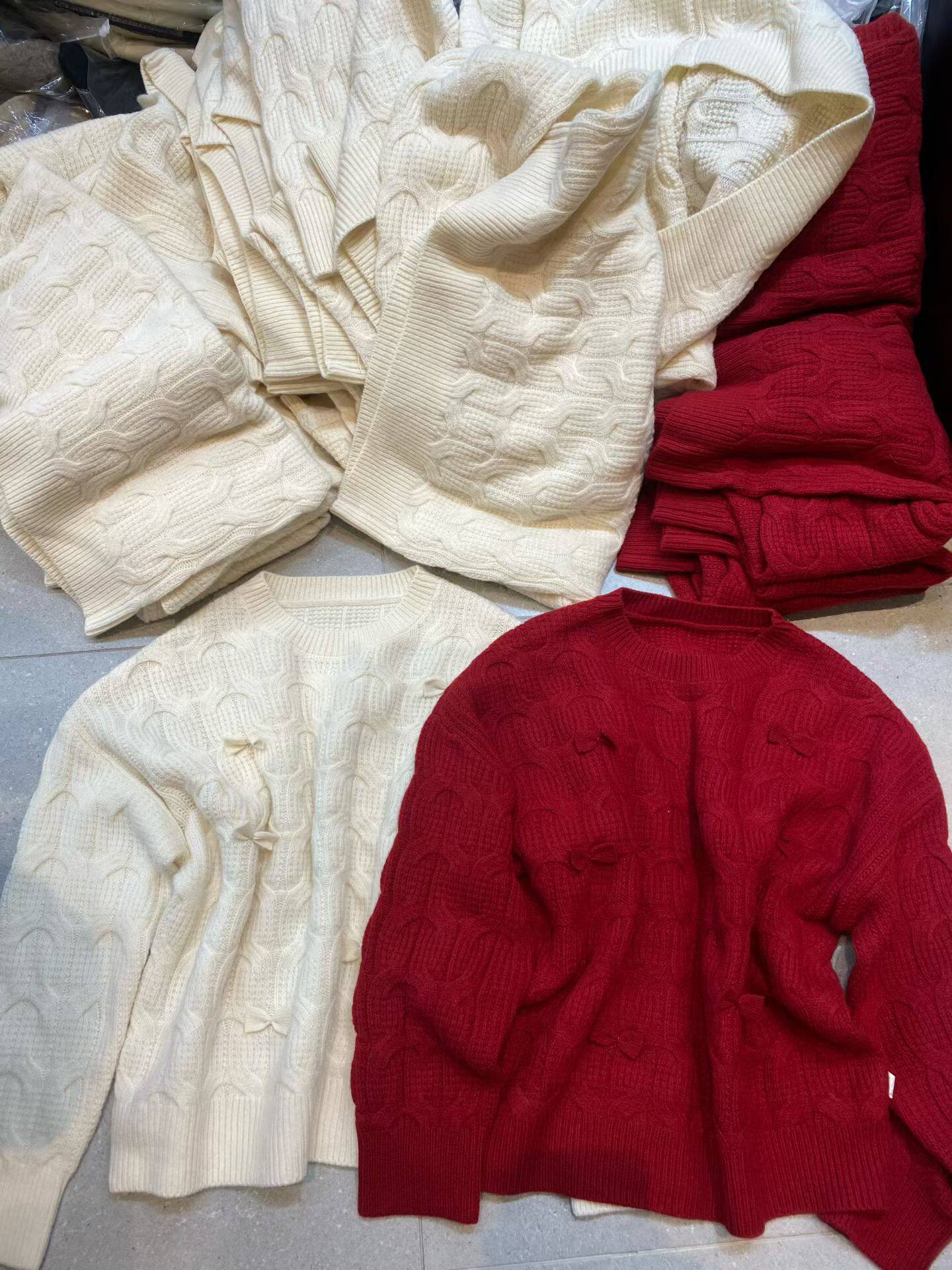 新品韩系圆领麻花蝴蝶结羊毛针织衫女秋冬百搭显瘦打底毛衣上衣