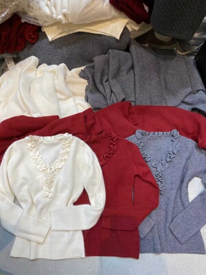 6639新品韩系高品质V领木耳边针织打底上衣女秋冬显瘦毛衣针织衫