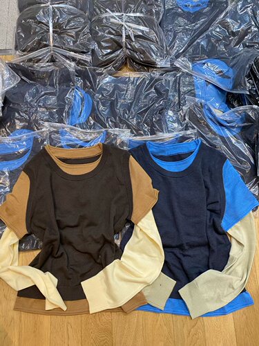 6442韩国秋季新品圆领拼色假两件T恤高品质韩系女宽松休闲百搭