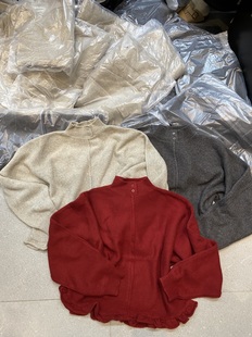 7060新品 女秋冬宽松显瘦花边毛衣 韩系立领两粒扣纯色羊毛针织衫