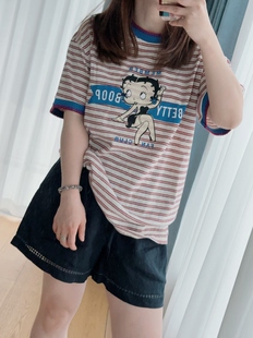 502夏款韩系甜美字母贝蒂卡通条纹短袖T恤女宽松显瘦百搭上衣