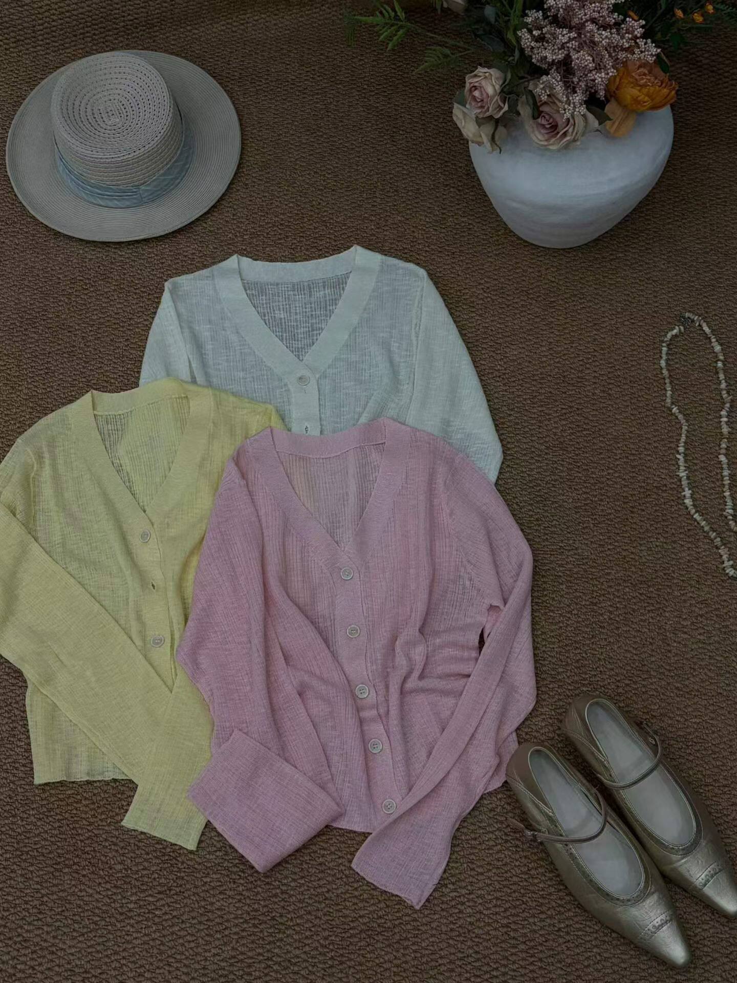 8910韩系百搭甜美糖果色V领五粒扣针织开衫防晒衫